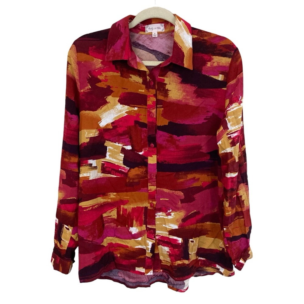 BAILEY & CHLOE WATERCOLOR BUTTON DOWN LONG SLEEVE, SIZE SMALL